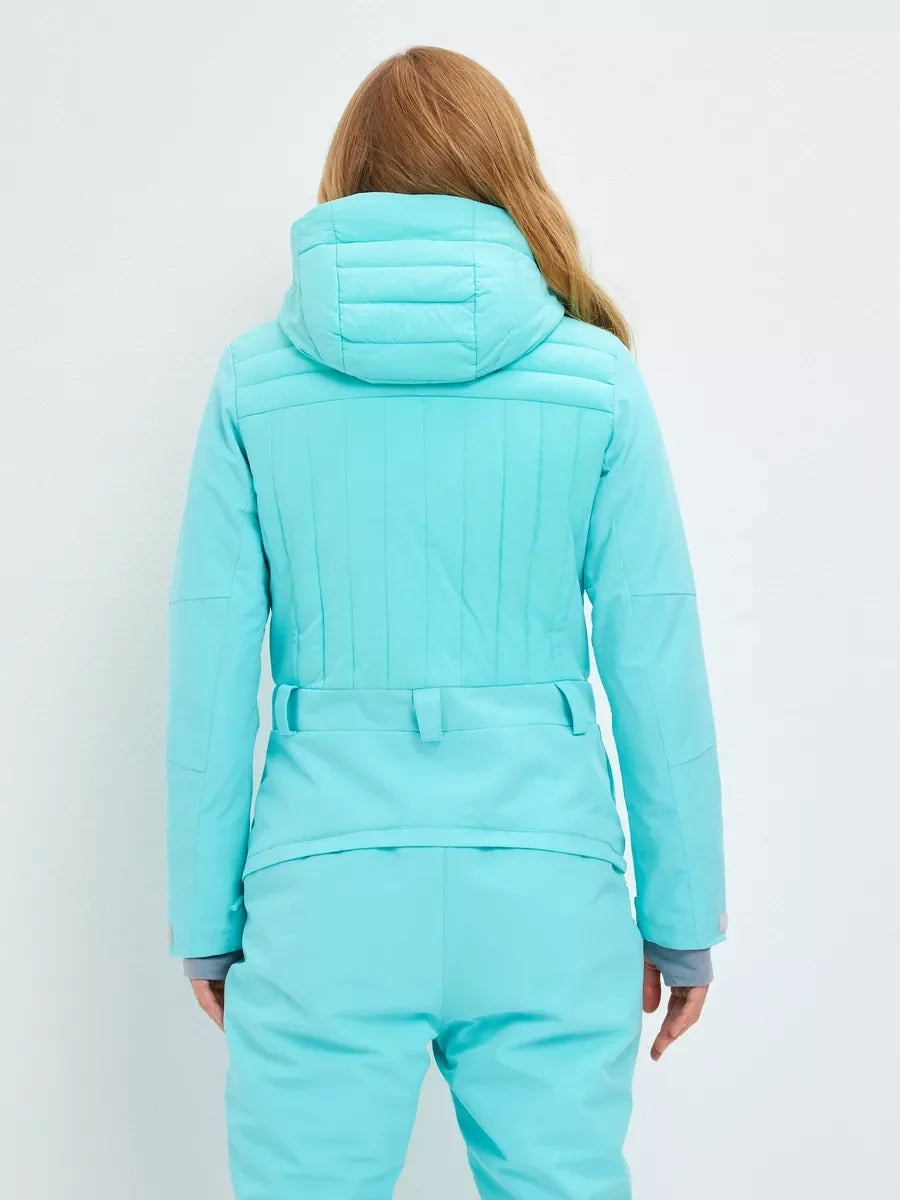 Mint insulated ski jumpsuit back view with hood, quilted shoulders, and belt at waist