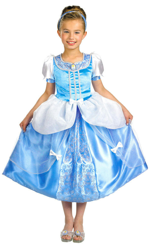 Cinderella-style child costume dress in blue satin with white puff sleeves and full skirt