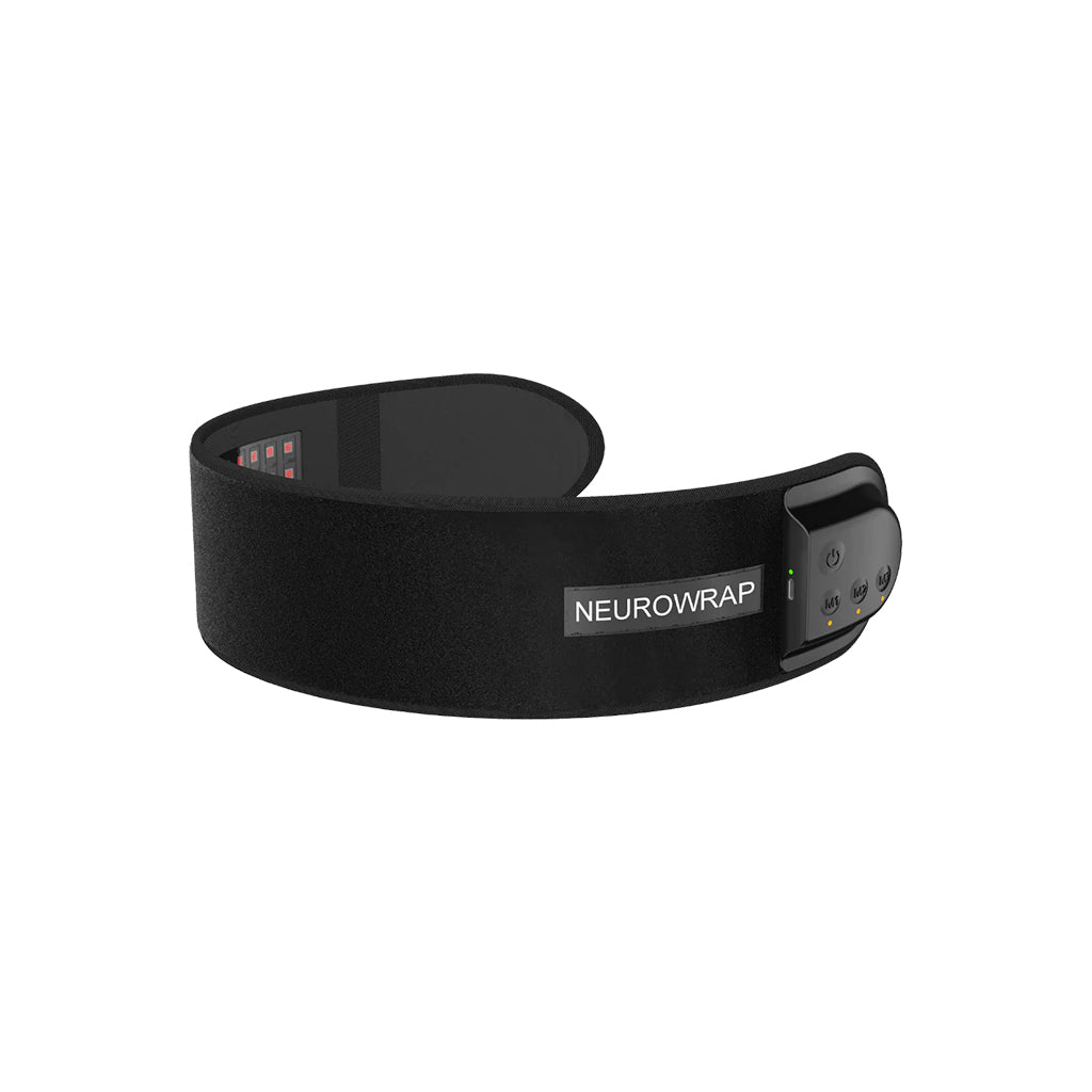 Black NeuroWrap headband with front control panel and NeuroWrap label