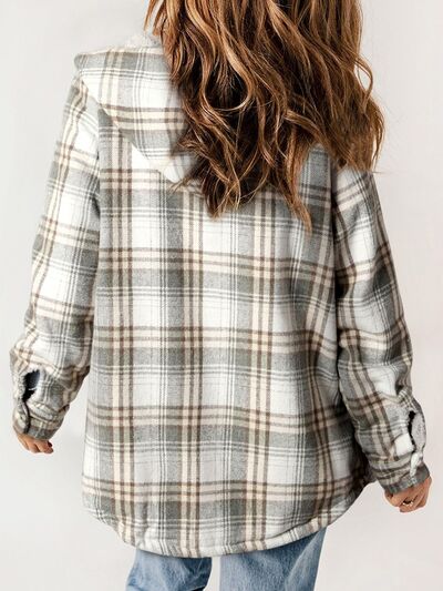 Light gray plaid hooded snap jacket with long sleeves