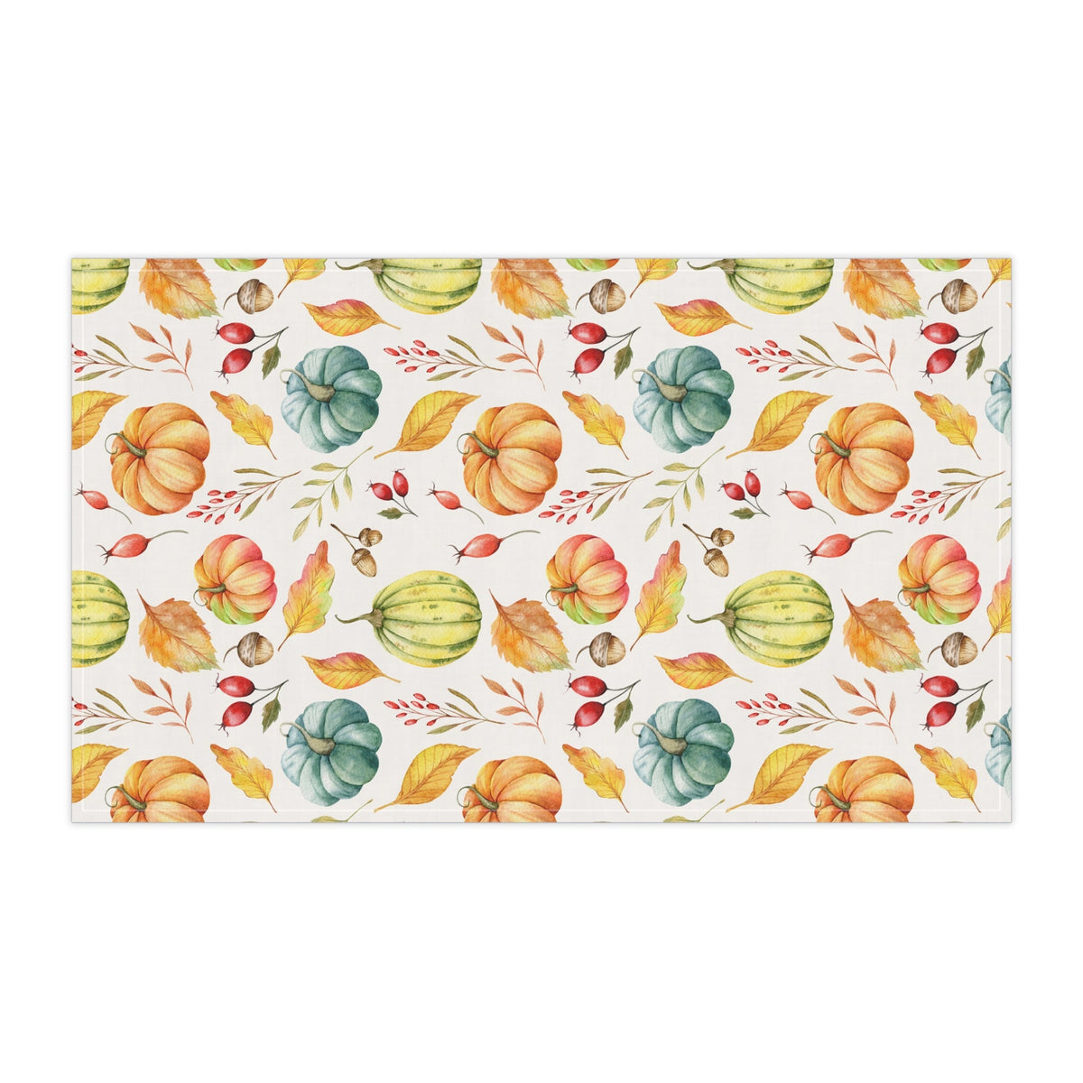 Cream autumn harvest tea towel featuring pumpkins, gourds, and red berries in repeating print.
