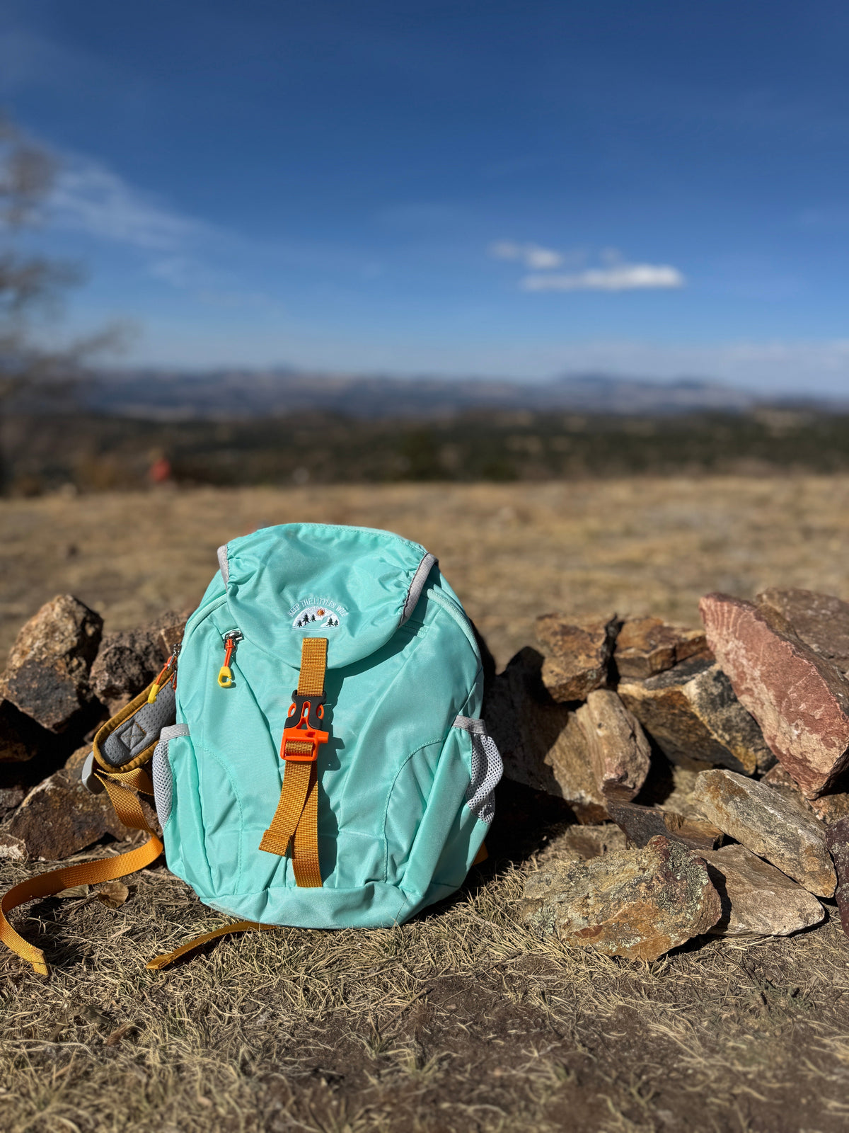 Light blue kids hiking backpack with orange water-bladder strap detail
