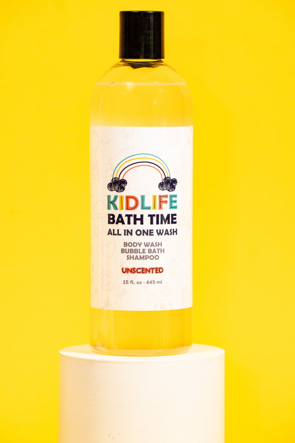 Kids 3-in-1 unscented body wash bottle with black cap