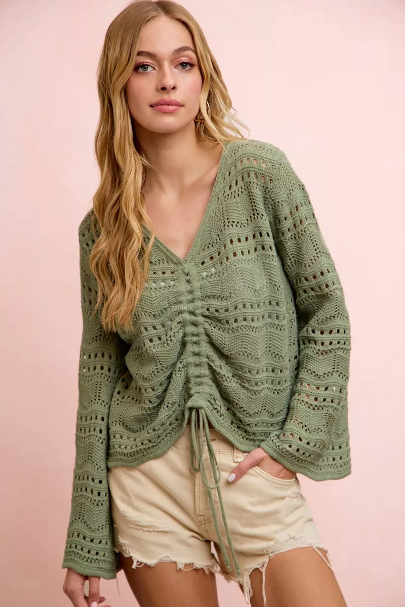 Sage green pointelle knit V-neck ruched front lightweight top, long sleeves