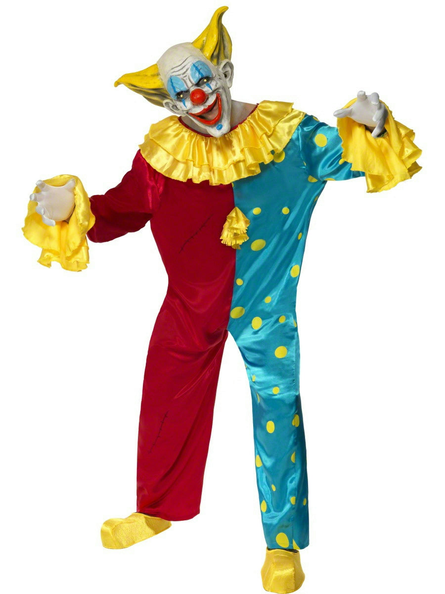 Adult clown costume with blue-red polka jumpsuit, yellow ruffled collar, mask and gloves