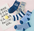 Baby cotton socks set with blue and gray car designs and striped cuffs