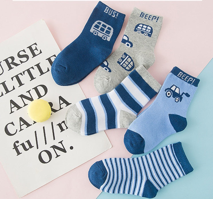 Baby cotton socks set with blue and gray car designs and striped cuffs