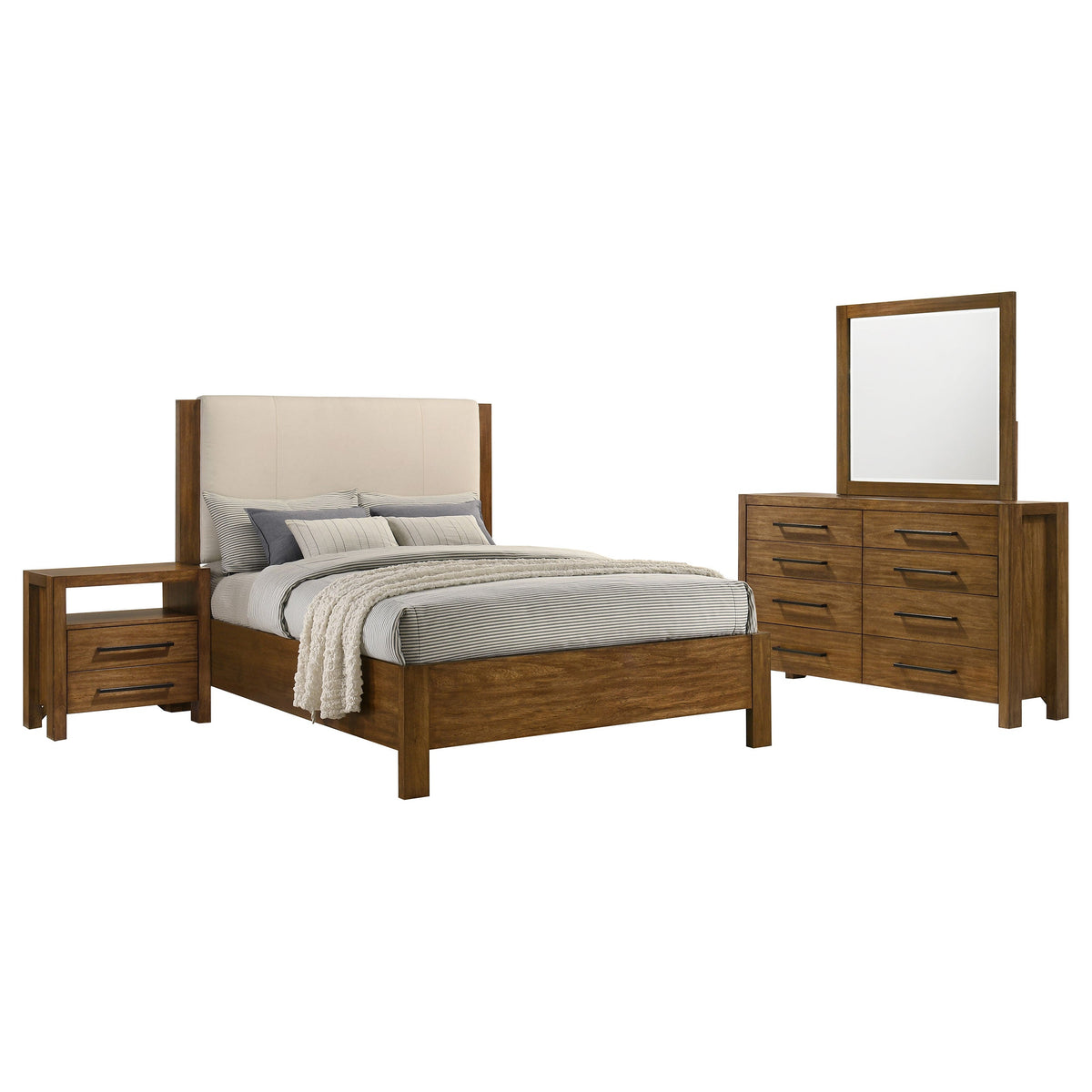 Warm brown Eastern king bed with gray bedding, matching dresser and framed mirror