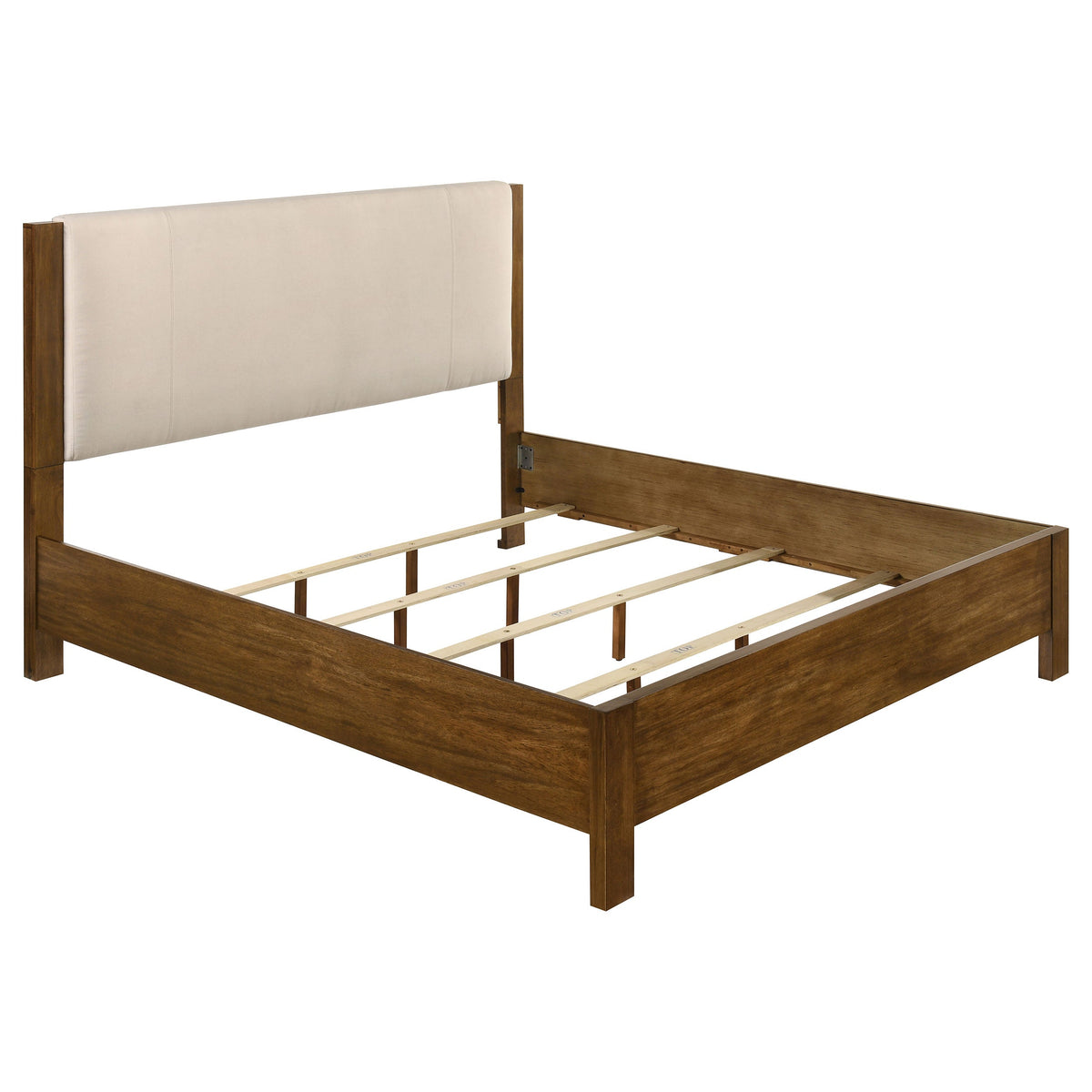 Warm brown Eastern king bed frame with padded headboard and open slat base