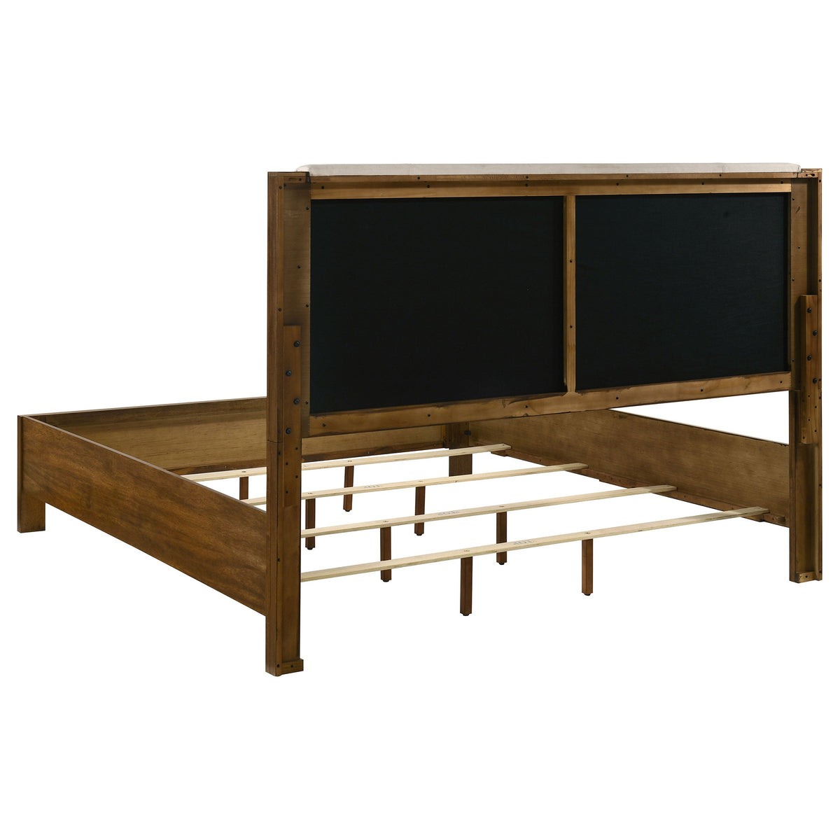 Warm brown Eastern king bed frame with black underside panel and open slats