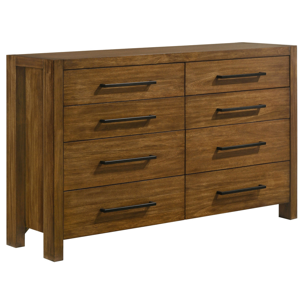 Warm brown wooden dresser with six drawers and black bar handles