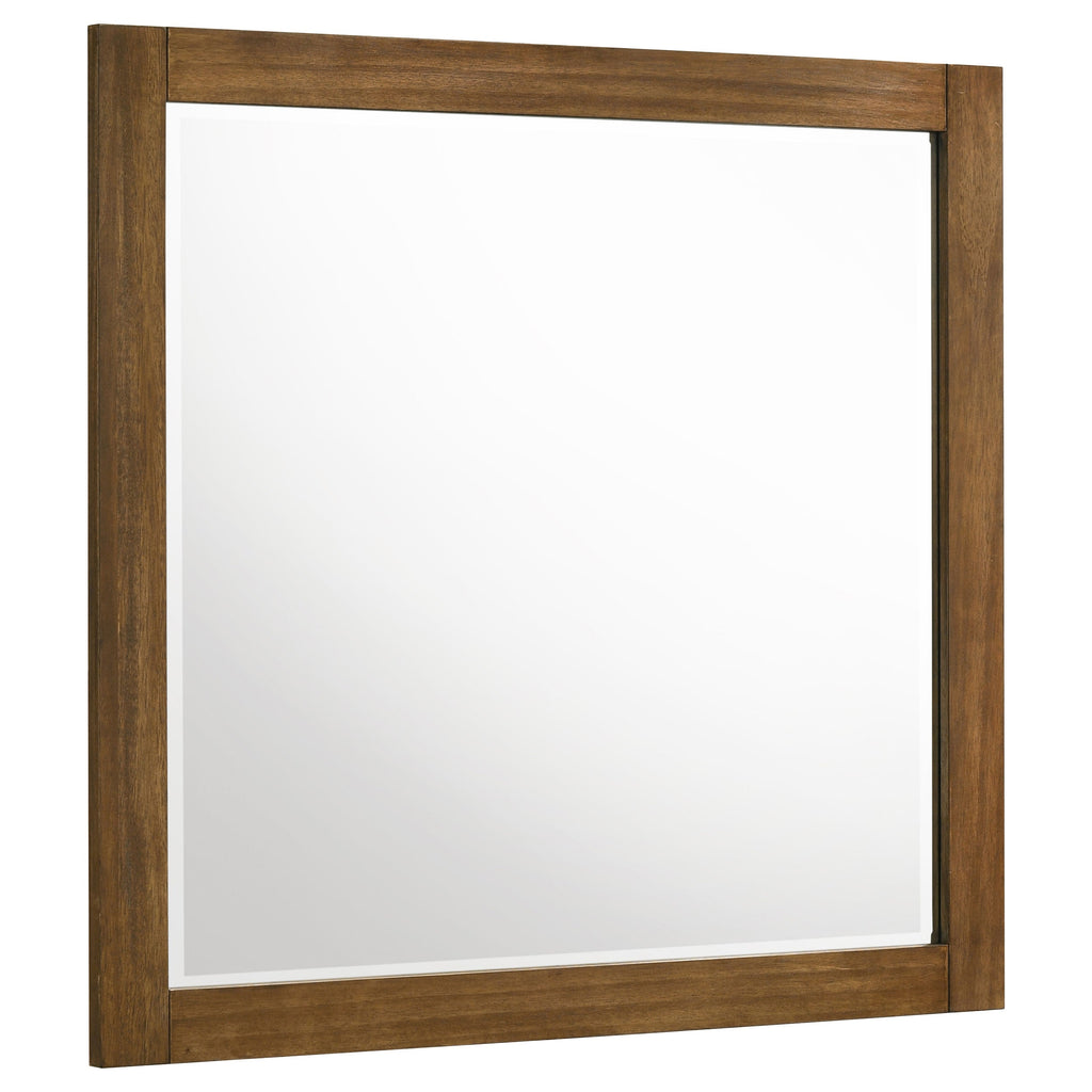 Warm brown rectangular wall mirror with wood frame and clear reflective glass