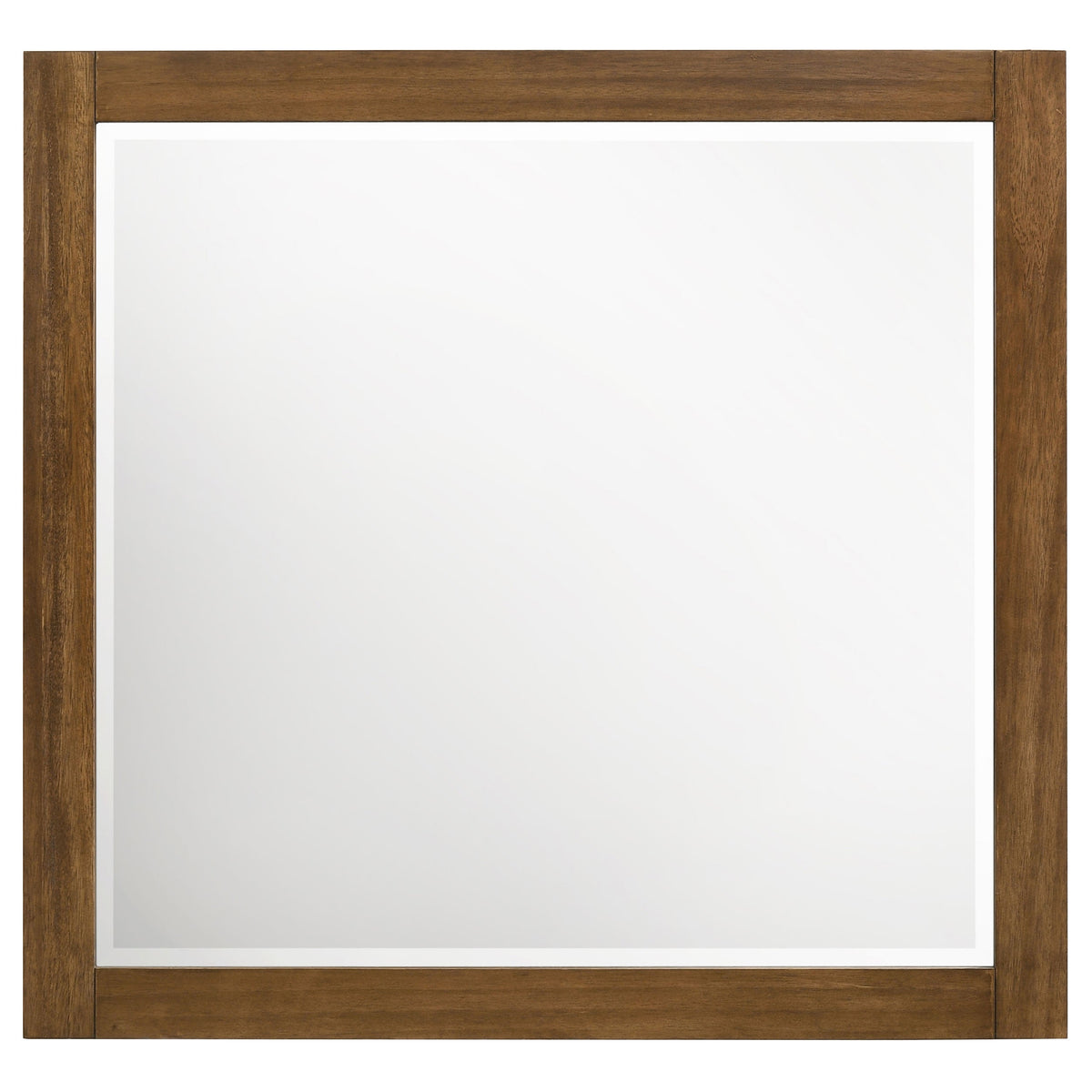 Warm brown mirror with wood border and clear reflective glass