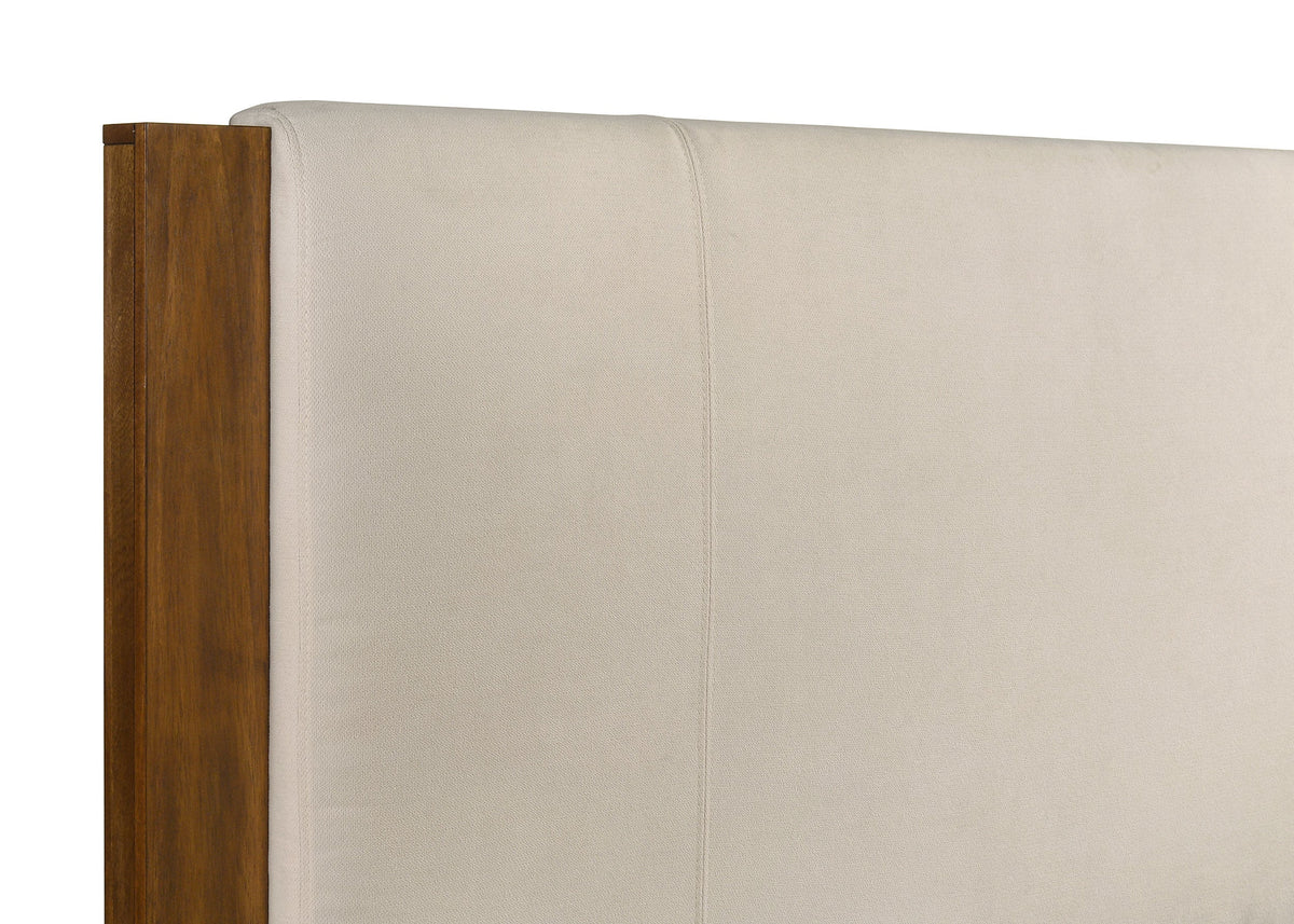 Upholstered bed headboard with warm brown wood frame and light beige panel