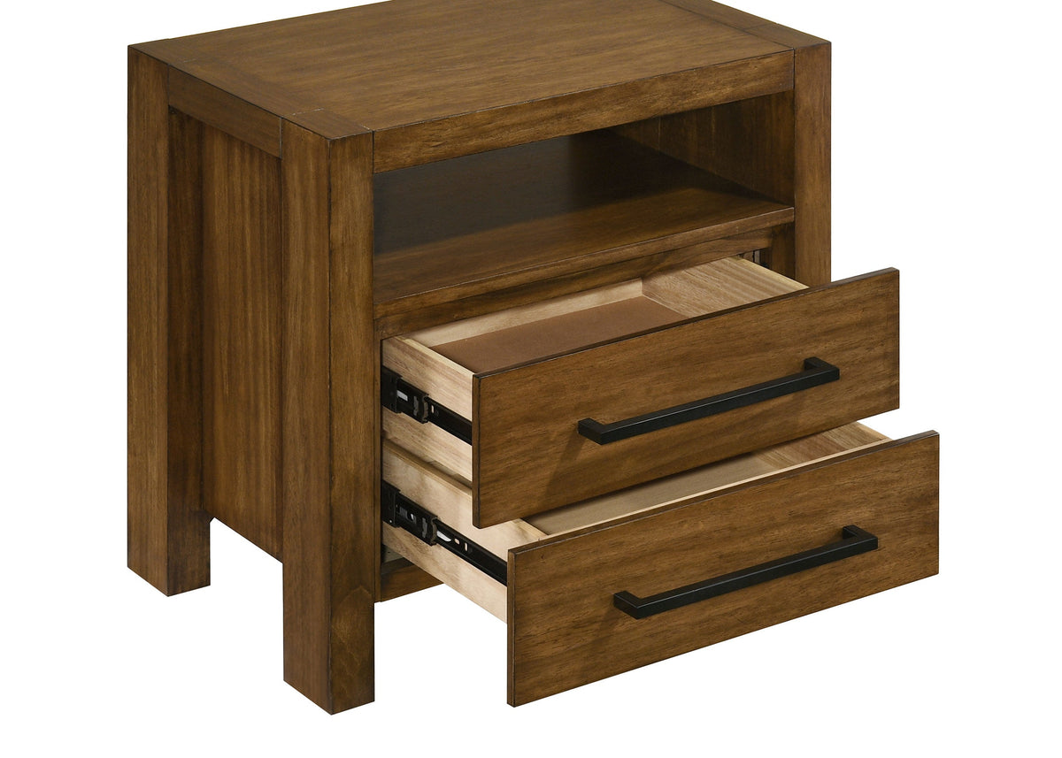 Warm brown wooden nightstand with two drawers and dark metal handles