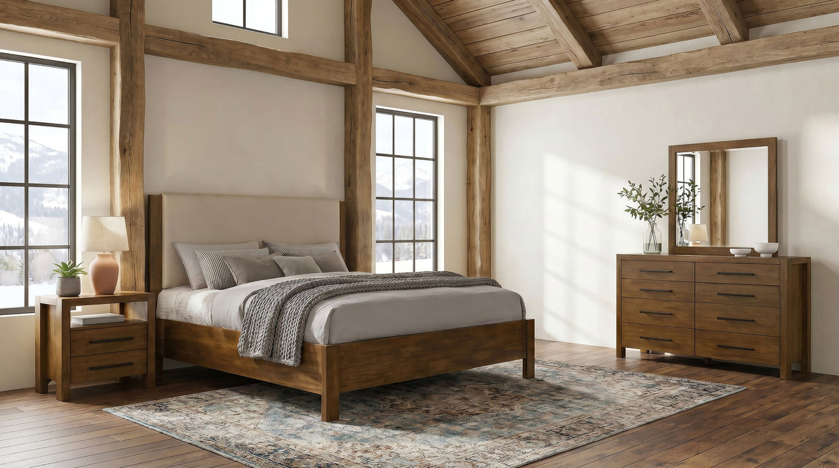 Warm brown queen bedroom set with headboard, nightstands, dresser, and wall mirror