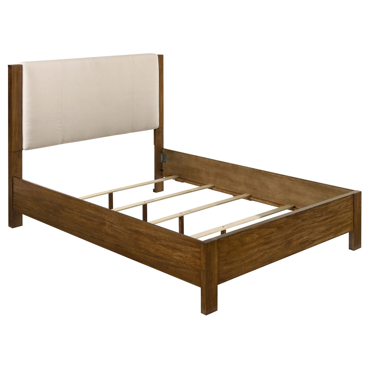 Queen bed frame with upholstered headboard and warm brown wooden slat support base