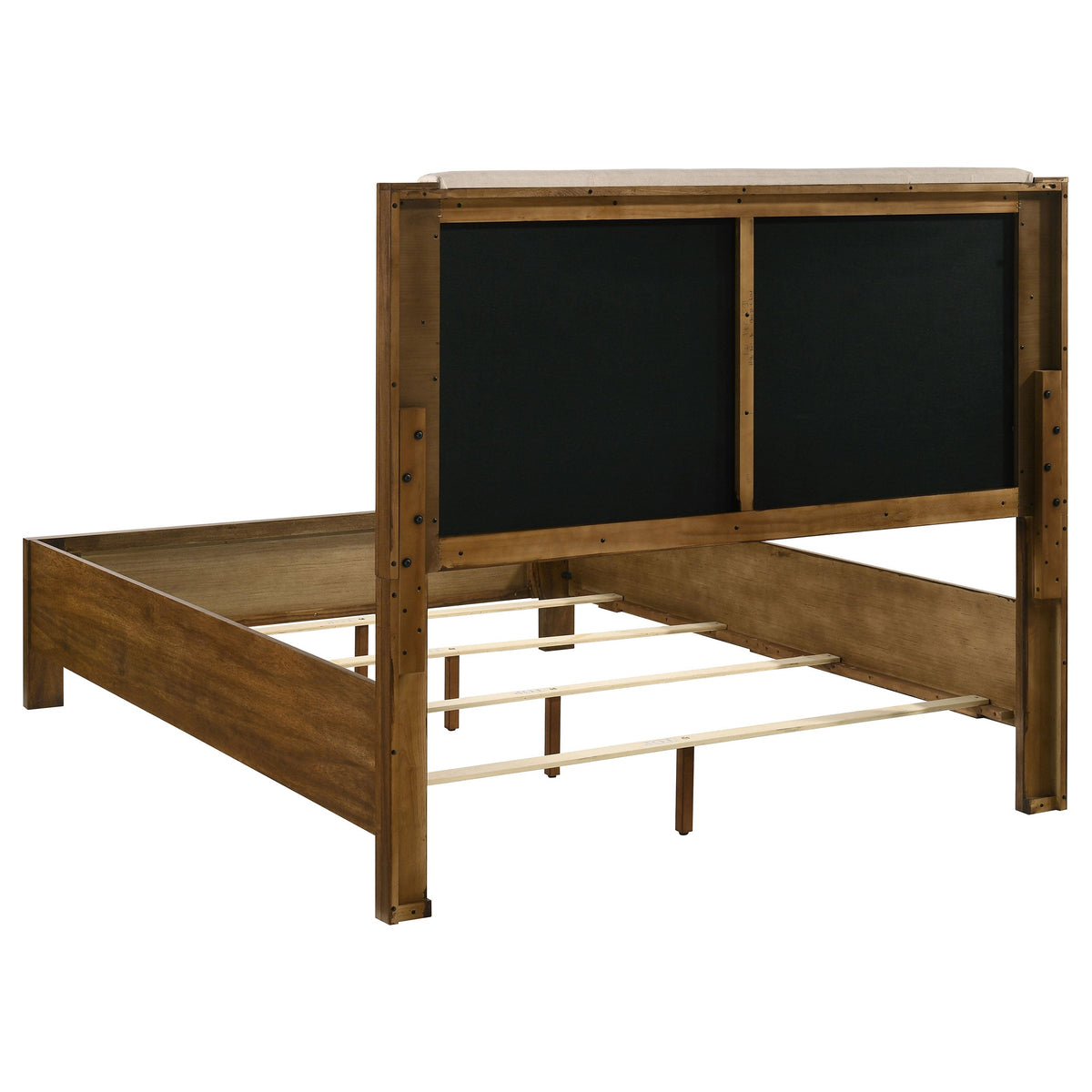 Queen bed frame with dark interior panel and open slat base in warm brown wood