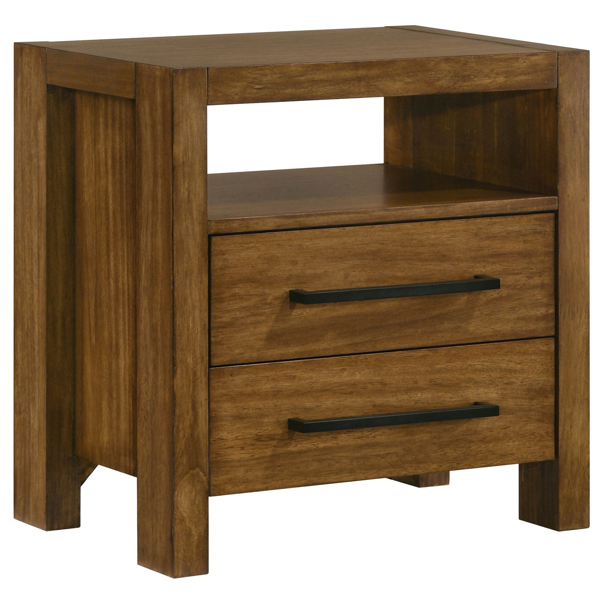 Warm brown nightstand with two drawers and black bar handles