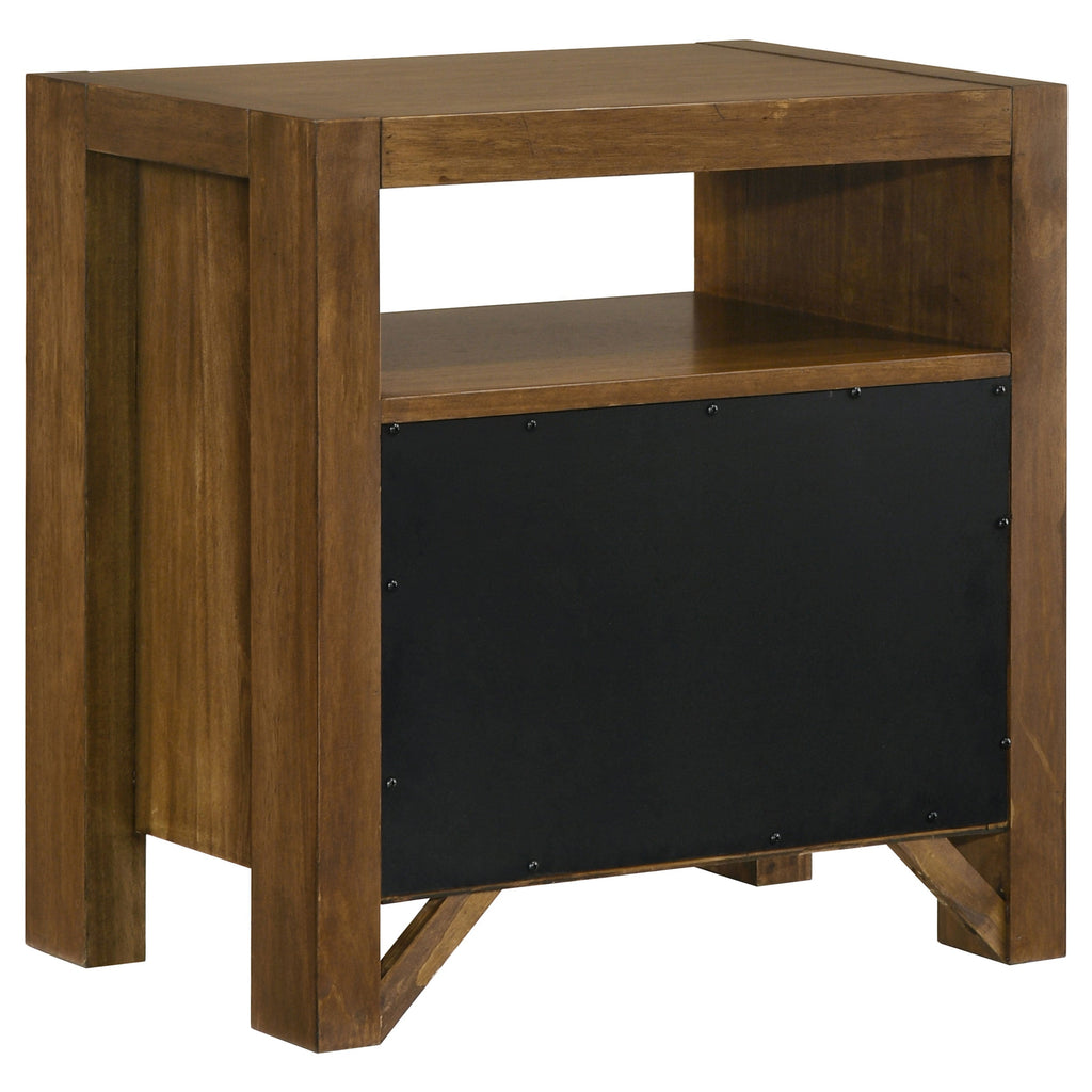 Warm brown nightstand with dark cabinet panel and open shelf