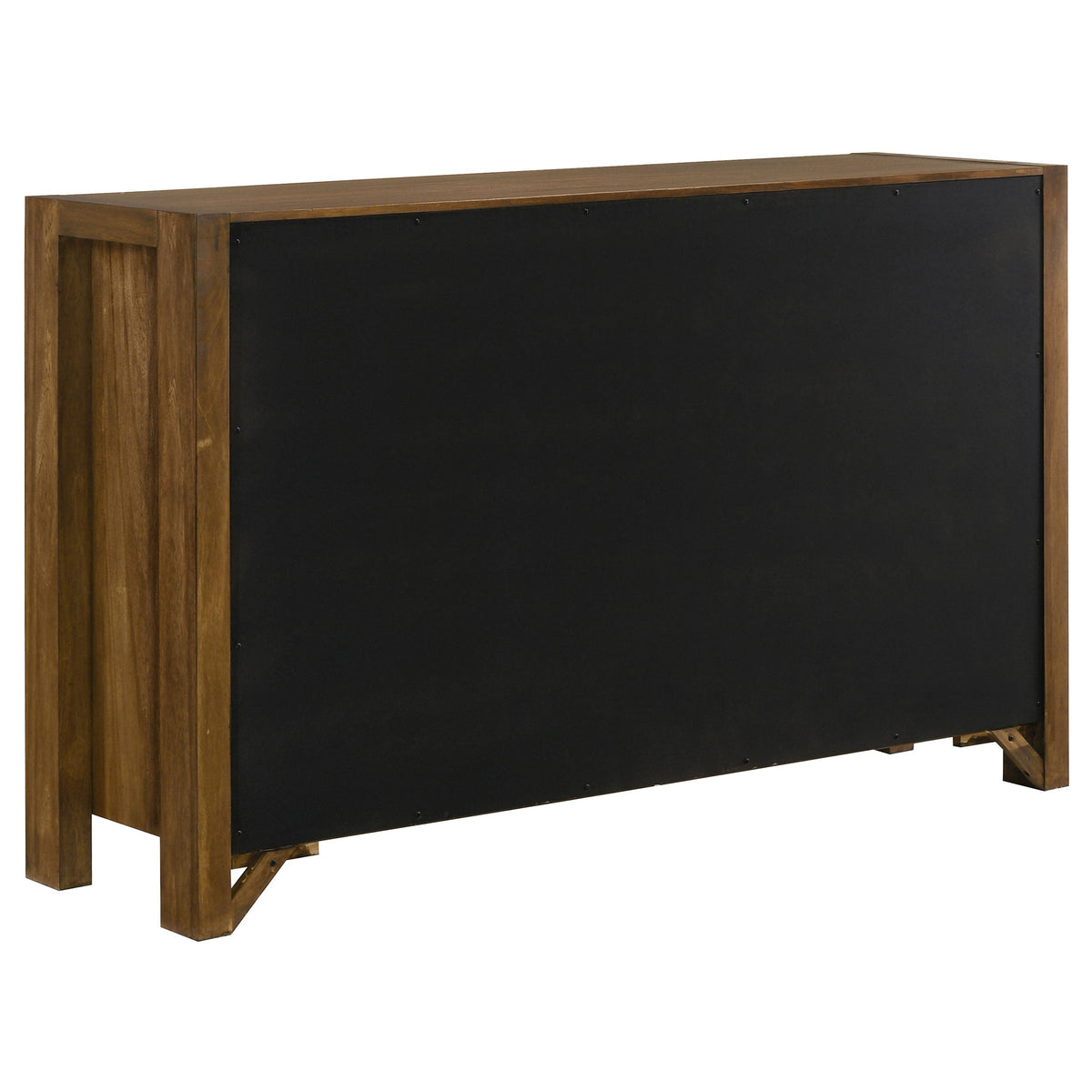 Warm brown dresser with large dark panel on the front