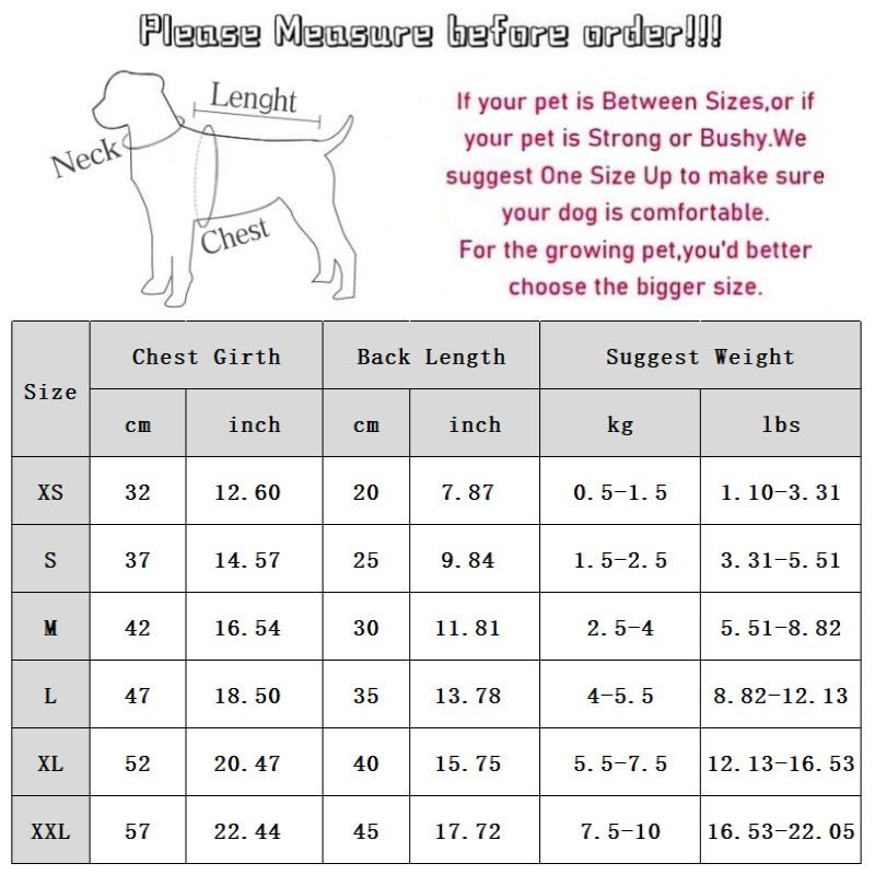 Dog sweater dress size chart with neck, chest, and back length measurements