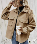 Women’s single-breasted lapel coat in tan, flap pockets and button front, long sleeves