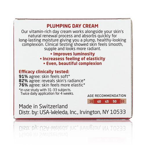 Plumping day cream product box with efficacy and age recommendation panel