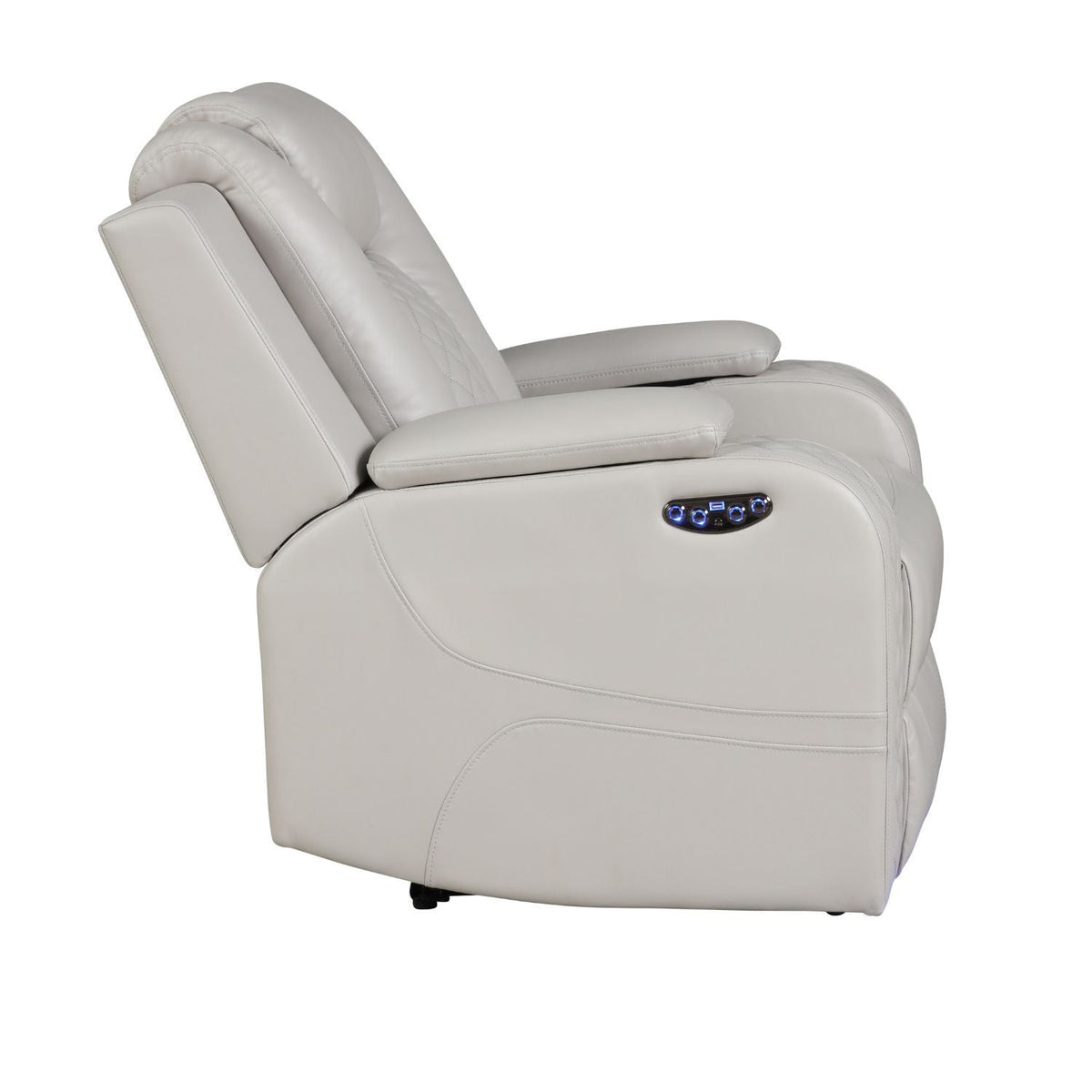 Beige LED power recliner chair with curved armrests and built-in side control panel