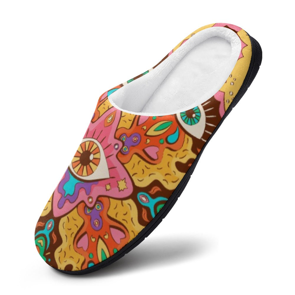 Whimsical patterned slip-on slippers with black sole and white inner lining