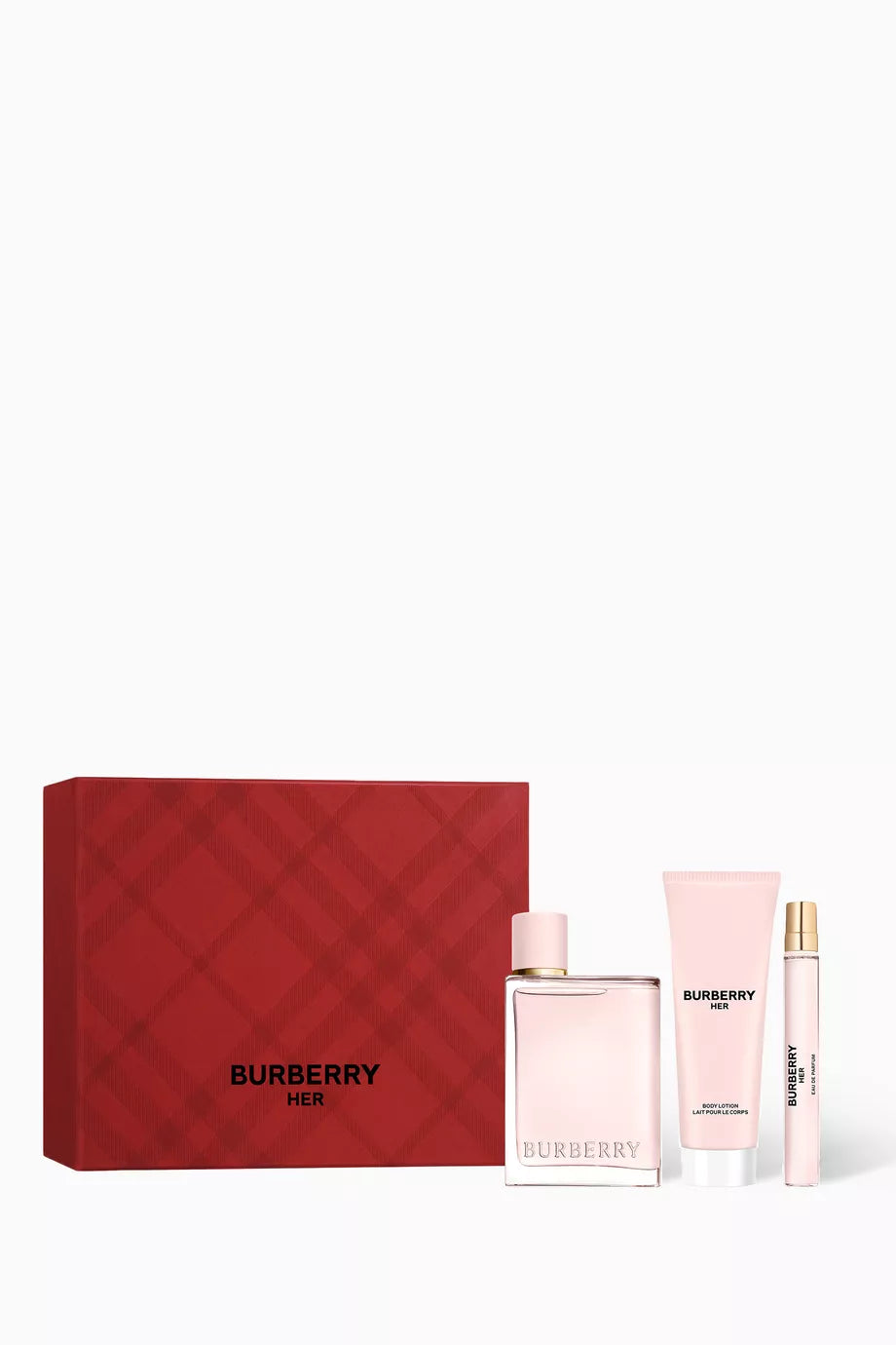 Perfume gift set with red Burberry Her box and three pink fragrance bottles