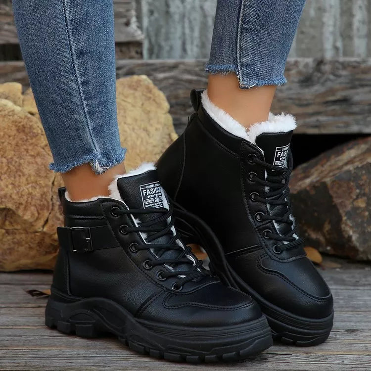 Black warm-lined ankle boots with lace-up design and square buckle side detail