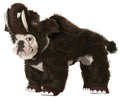 Wooly mammoth pet dog costume in dark brown plush with white tusks and foot details