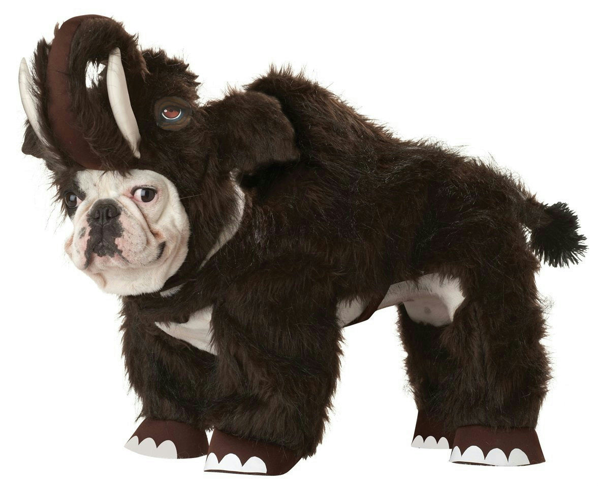 Wooly mammoth pet dog costume in dark brown plush with white tusks and foot details