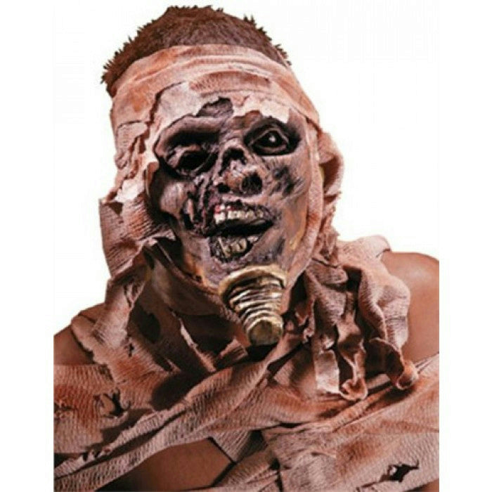 Egyptian mummy latex prosthetic face appliance with bandaged head and detailed makeup