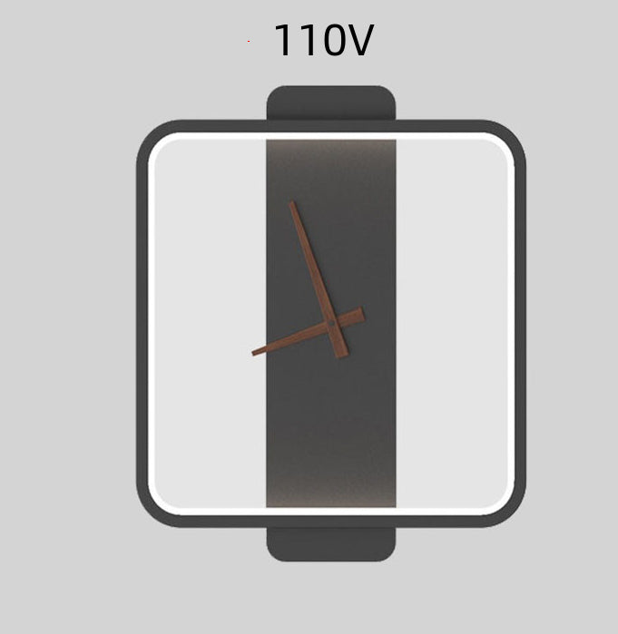 Black square clock wall lamp with white LED outline and center clock hands