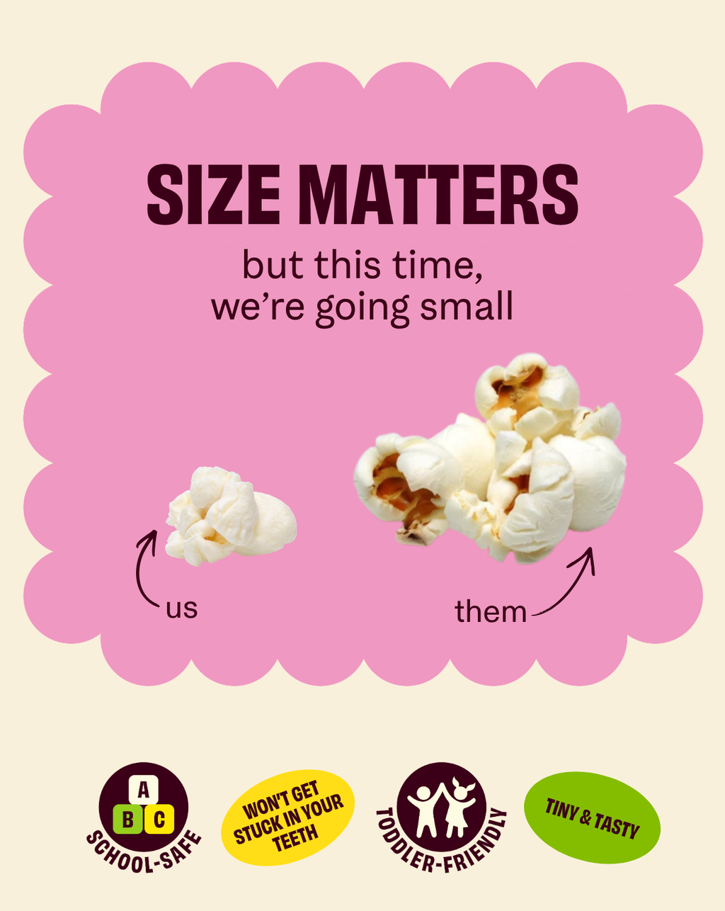 Cob popcorn size info graphic with small serving and popcorn pieces illustration.
