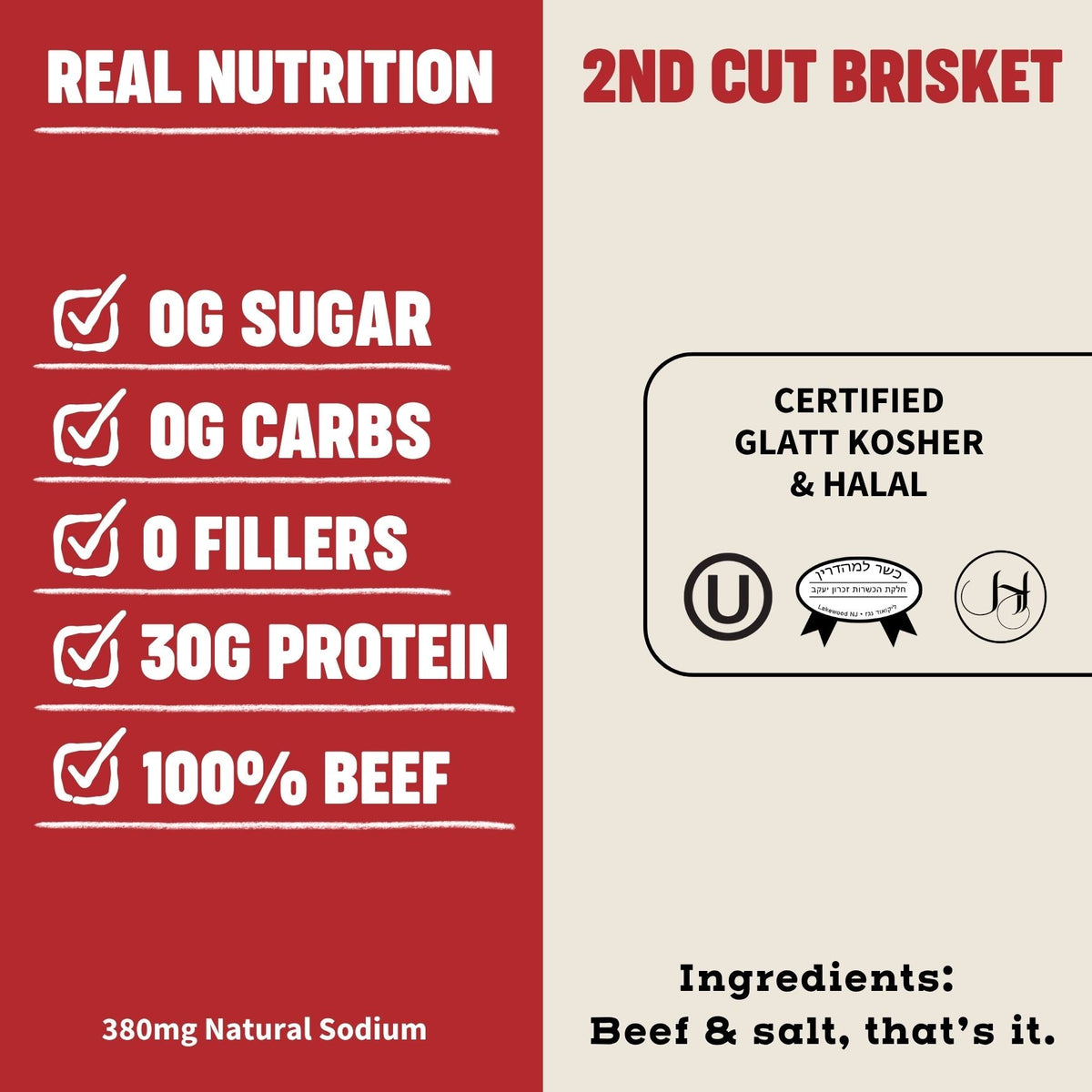 2nd cut brisket meat chips back label with nutrition and certification icons
