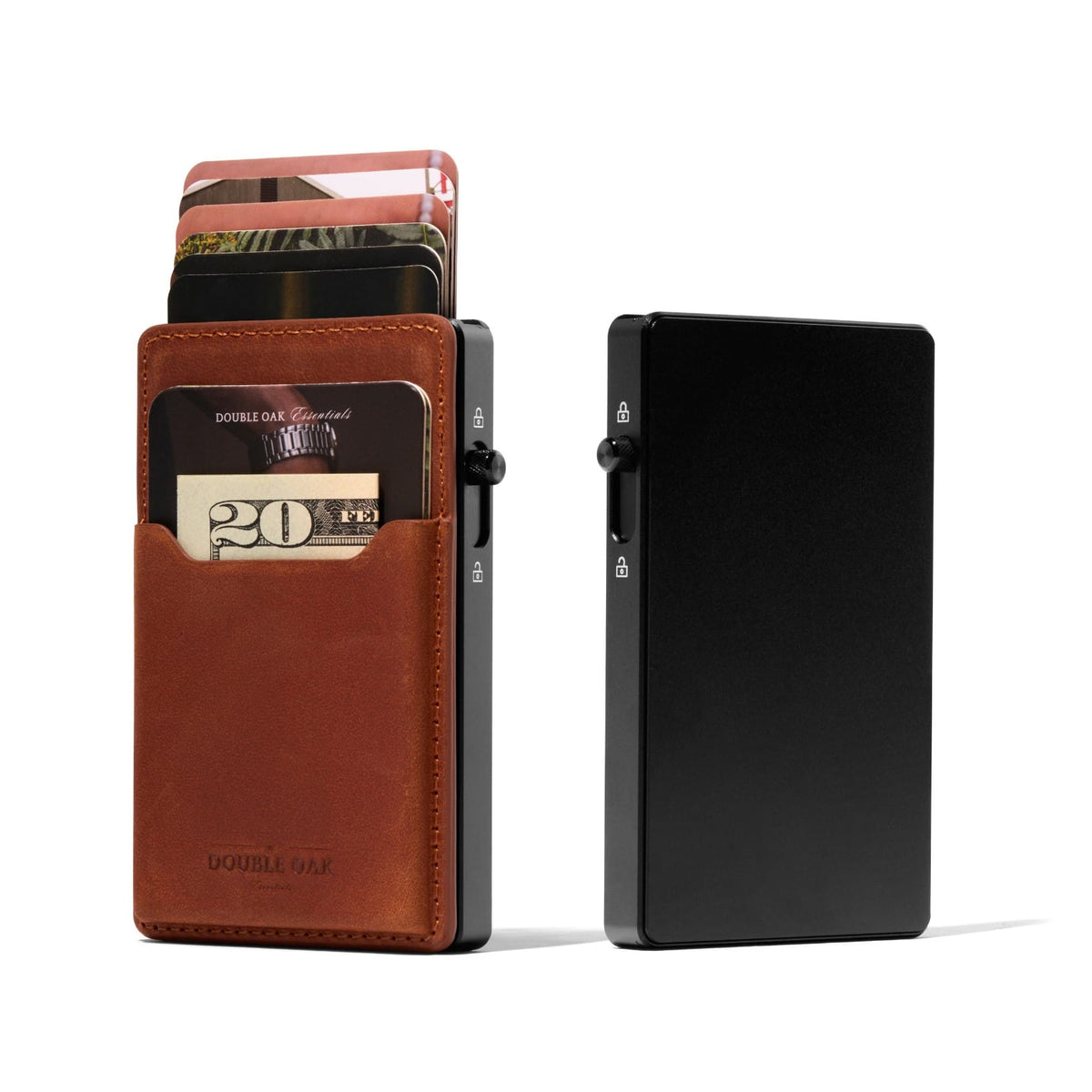 Brown leather phone wallet with front card pocket and side latch, front and back