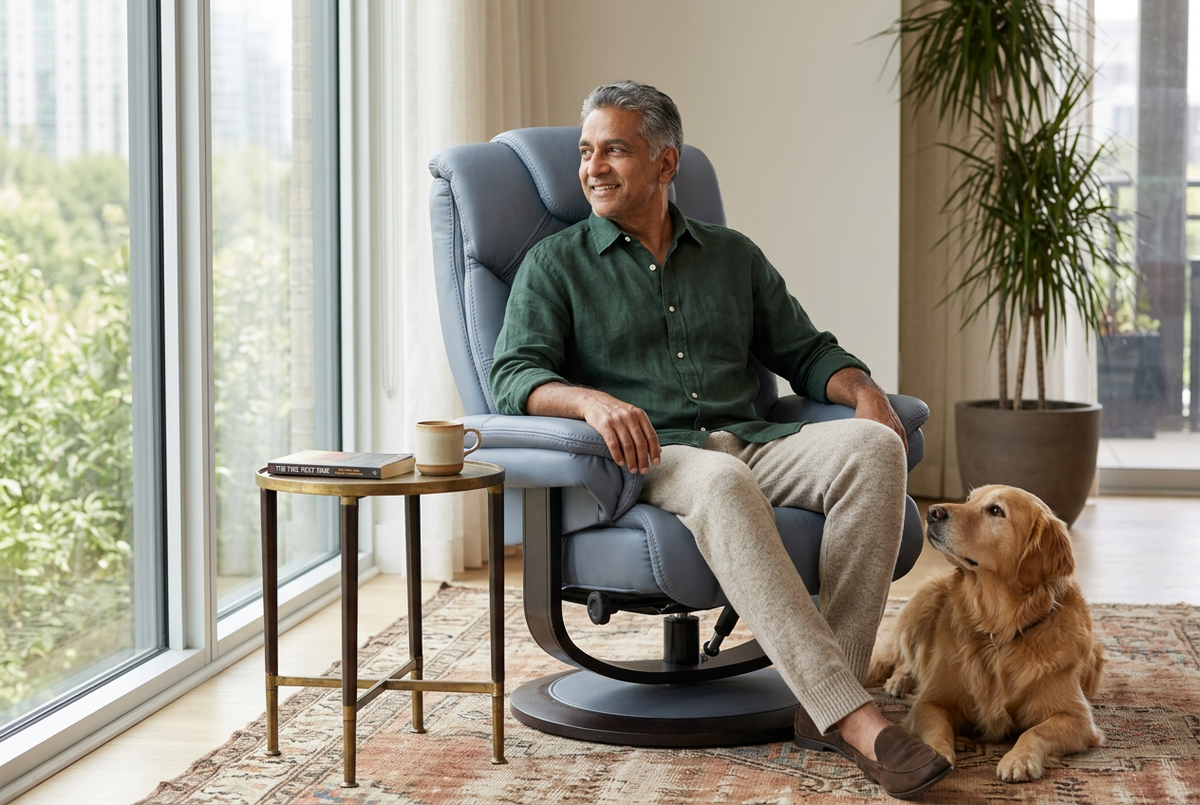 Blue euro recliner with ottoman, cushioned headrest and supportive armrests