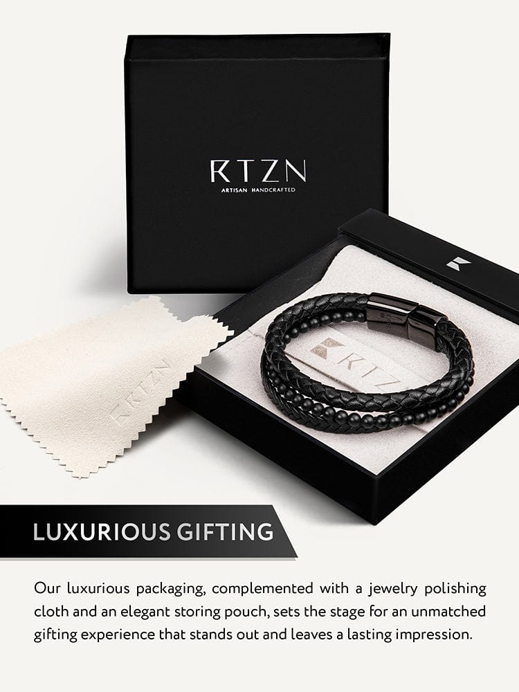 Black leather and bead bracelet in KTZn gift box with polishing cloth.