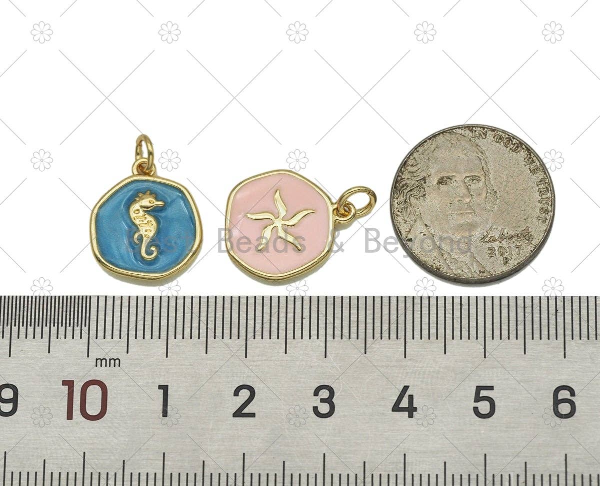 Set of two enamel charms: blue seahorse and pink flower/star on gold-tone loops