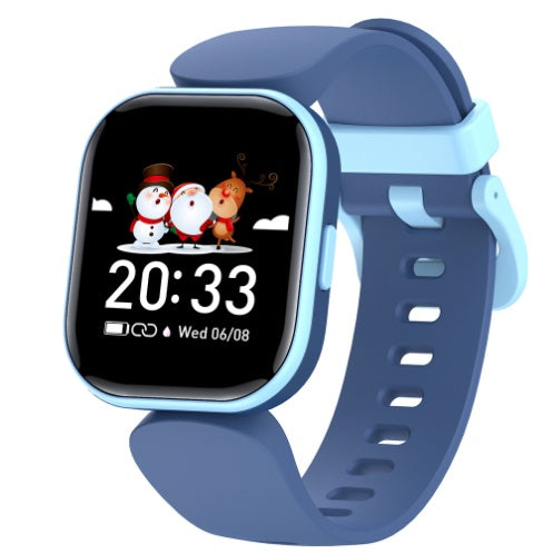 Light blue kids' smartwatch with square display and silicone strap