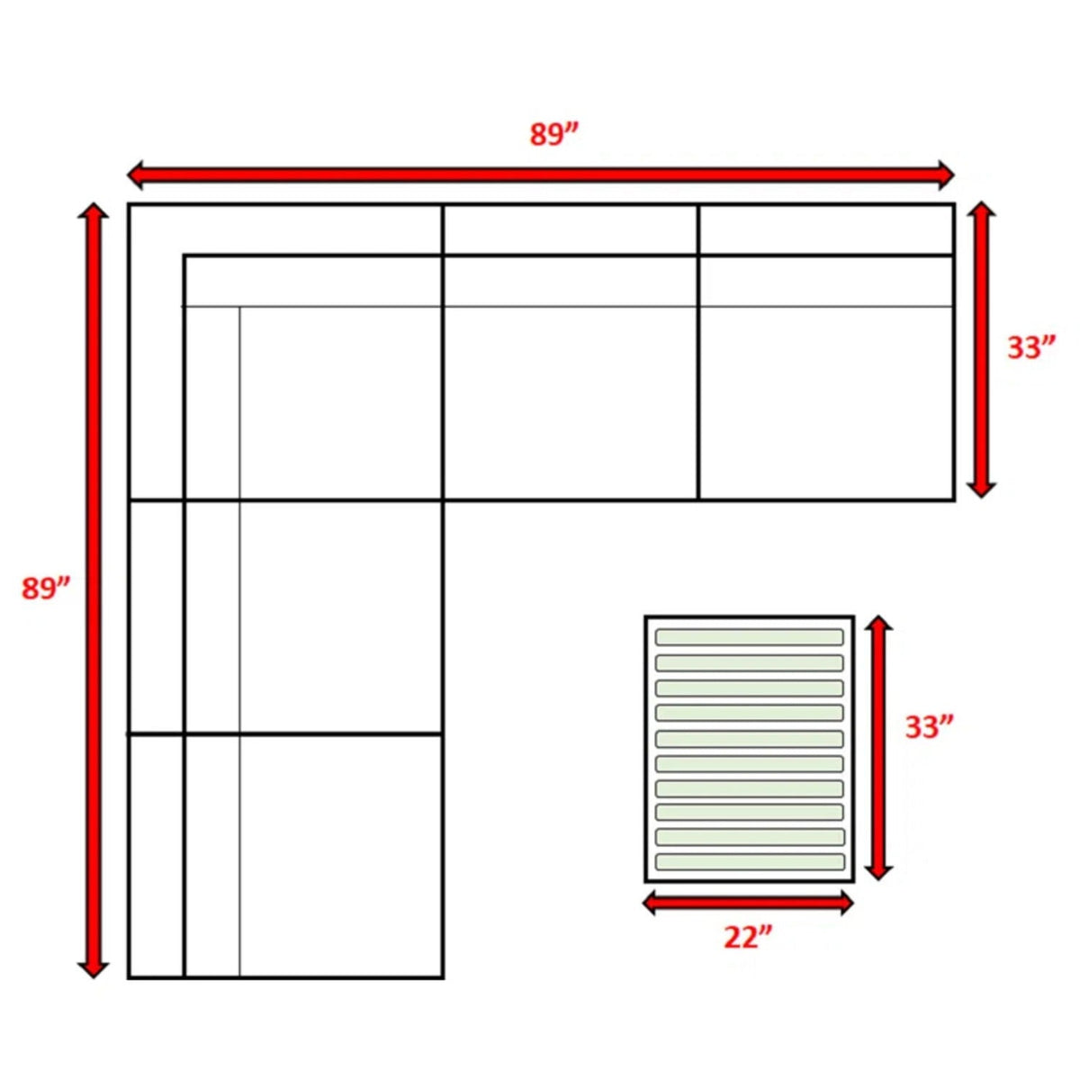 Sectional sofa layout size diagram with labeled dimensions