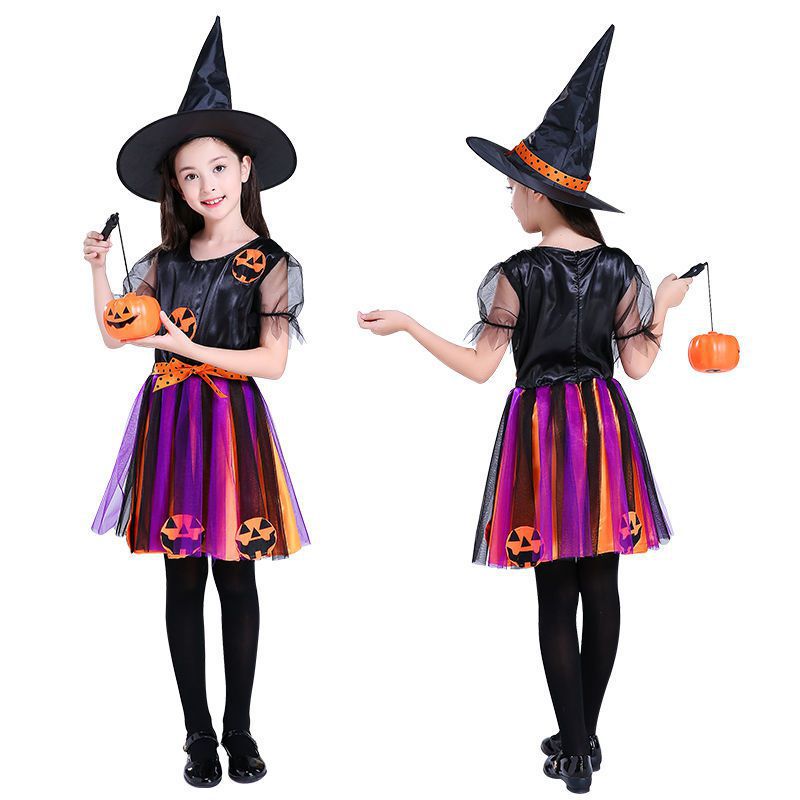 Children's witch costume front and back: black hat, jack-o-lantern top, rainbow striped skirt