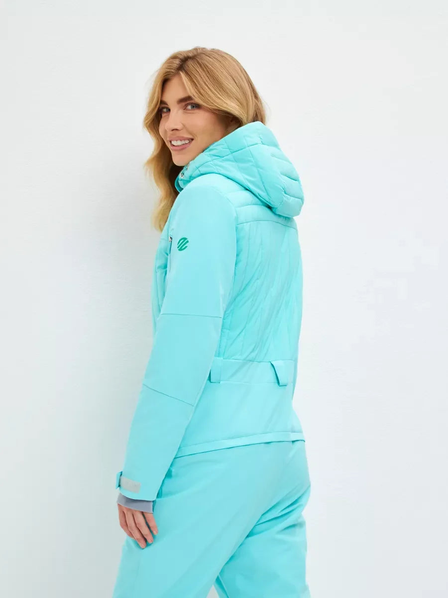 Mint waterproof insulated ski jumpsuit with hood and side profile, full-length view.