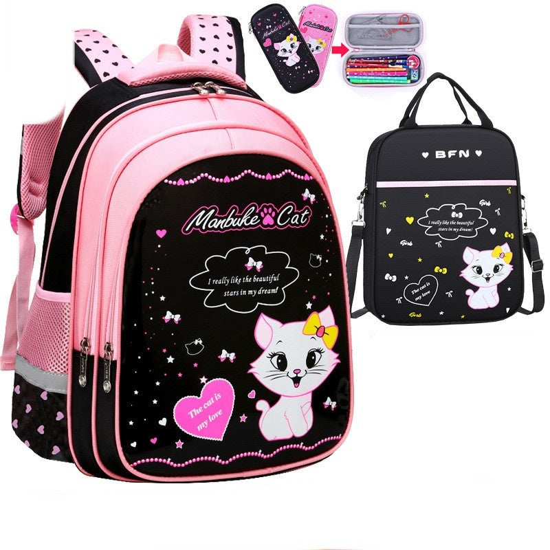 Kids cat print backpack with pink black front; includes matching black pouch and small stationery set.