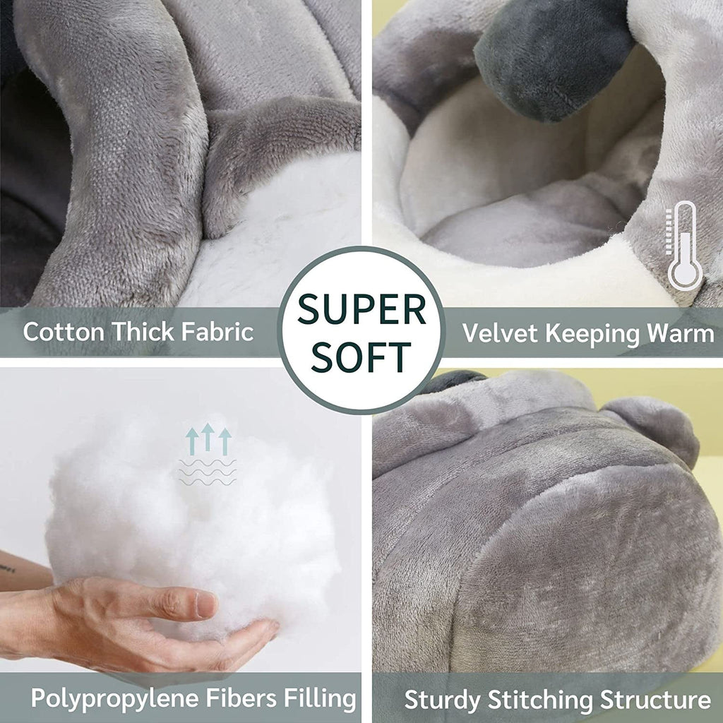 Gray plush pet bed close-ups show soft fabric, fiber filling, and sturdy stitching