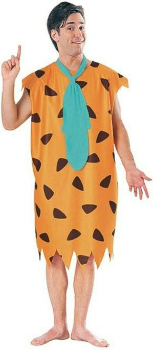 Orange sleeveless prehistoric adult costume with black cave shapes and turquoise neck panel