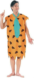 Orange sleeveless prehistoric adult costume with black cave shapes and turquoise neck panel